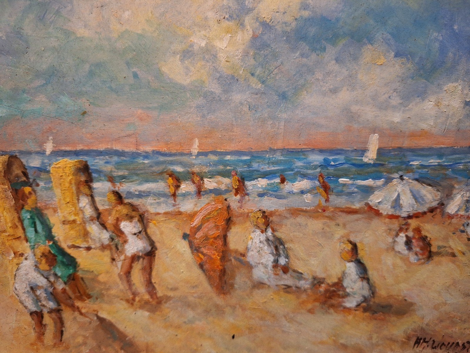 Schilderij: Kinderen aan het strand, gesigneerd, Antiek en Kunst, Kunst | Schilderijen | Klassiek, Portret of Personen, Impressionistisch