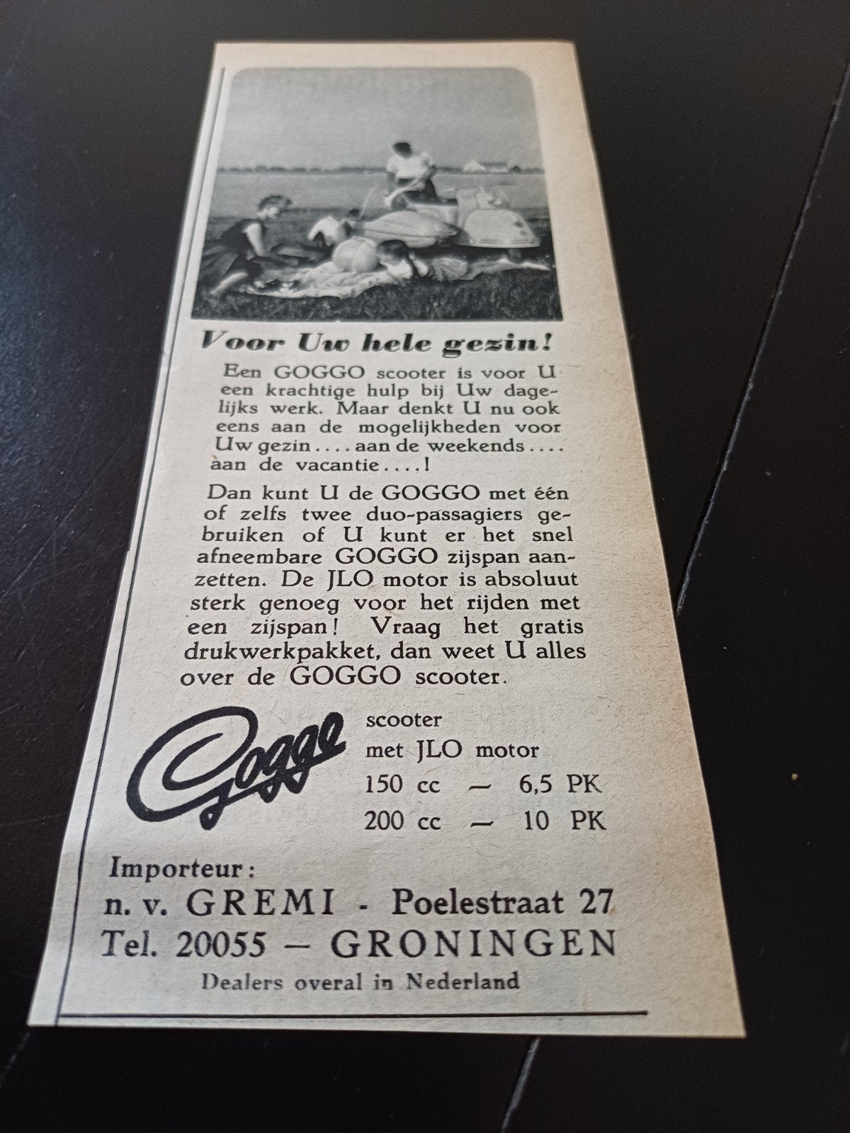 advertentie Goggo scooter voor uw hele gezin 1954, Ophalen of Verzenden, Gebruikt, Overige typen