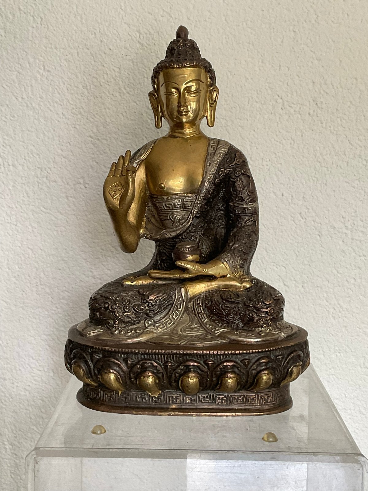 Bronzen Boeddha beeld met zilveren accenten, Huis en Inrichting, Ophalen of Verzenden, Gebruikt, Overige materialen, Meerkleurig