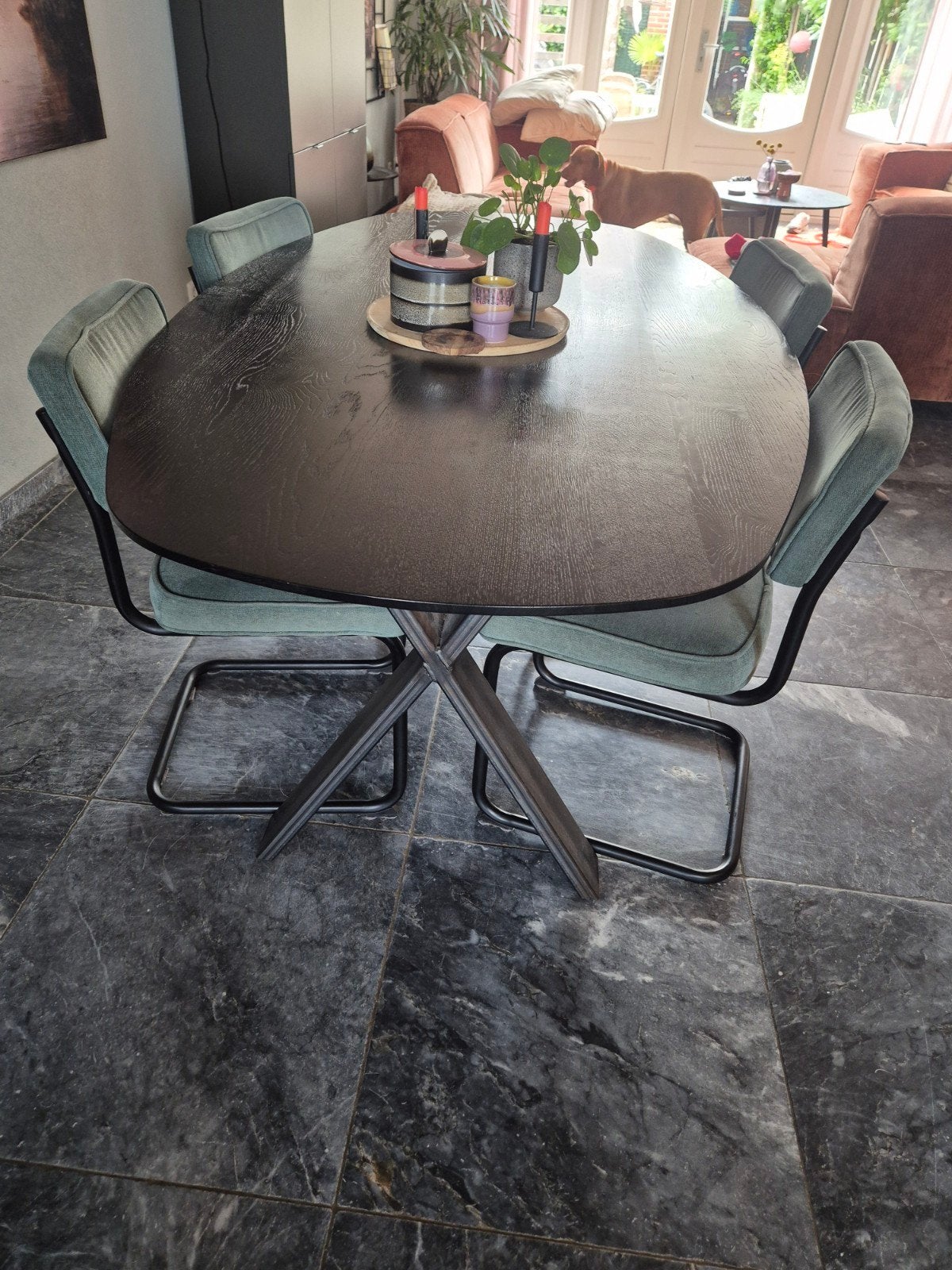 4x Eetkamerstoel - Groen met Zwart Metalen Frame, Huis en Inrichting, Stoelen, Gebruikt, Overige kleuren, Ophalen of Verzenden