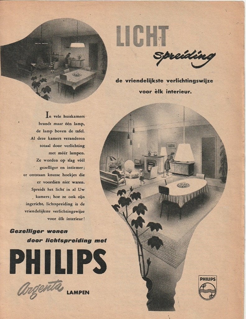 retro reclame 1954 Philips lampen in vele huiskamers, Verzenden, Overige typen