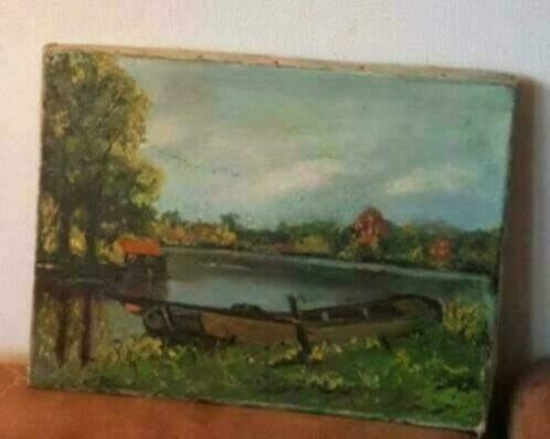 Olieverf schilderij bootje gesigneerd, Antiek en Kunst, Ophalen