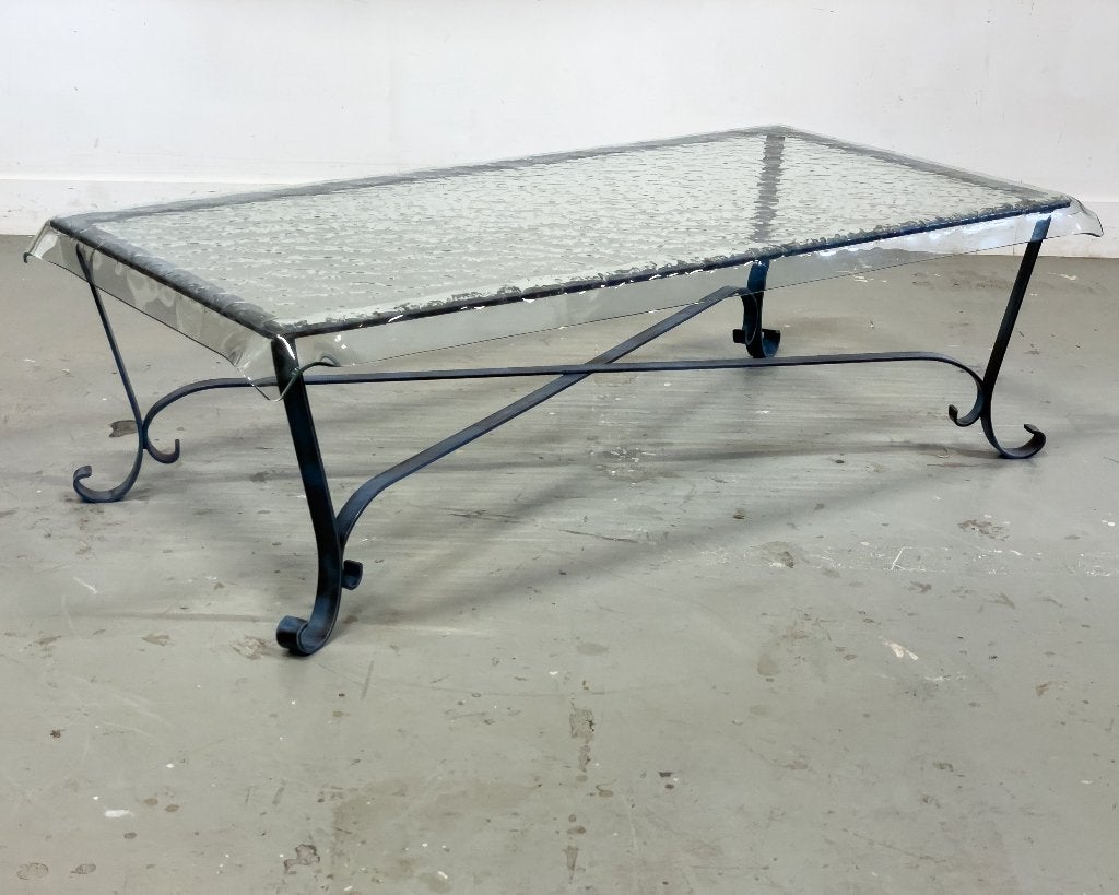 Smeedijzeren tafel met glazen blad, Ophalen, Zo goed als nieuw, Rechthoekig, Metaal