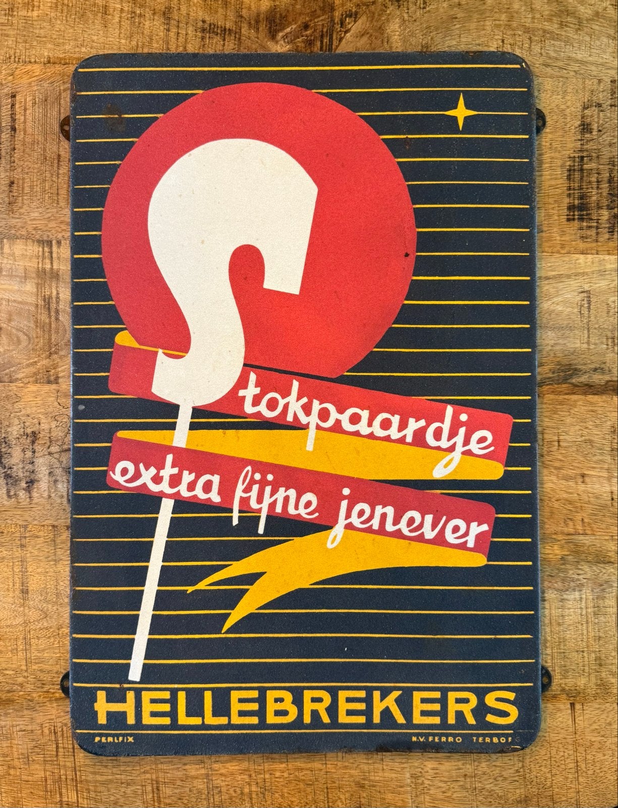 Emaille Reclamebord Hellebrekers Stokpaardje Jenever, Ophalen of Verzenden, Reclamebord