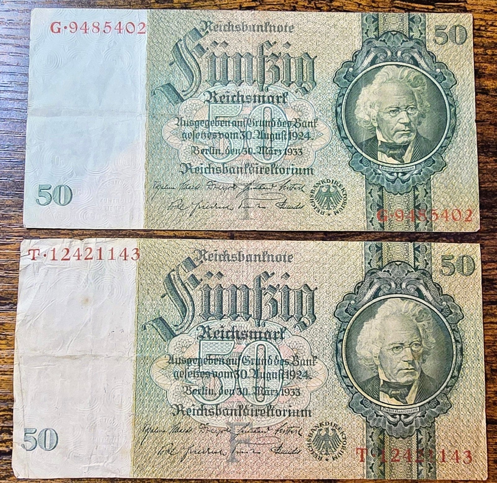 2x 50 Reichsmark biljetten uit 1924 - Duitsland, Postzegels en Munten, Ophalen of Verzenden