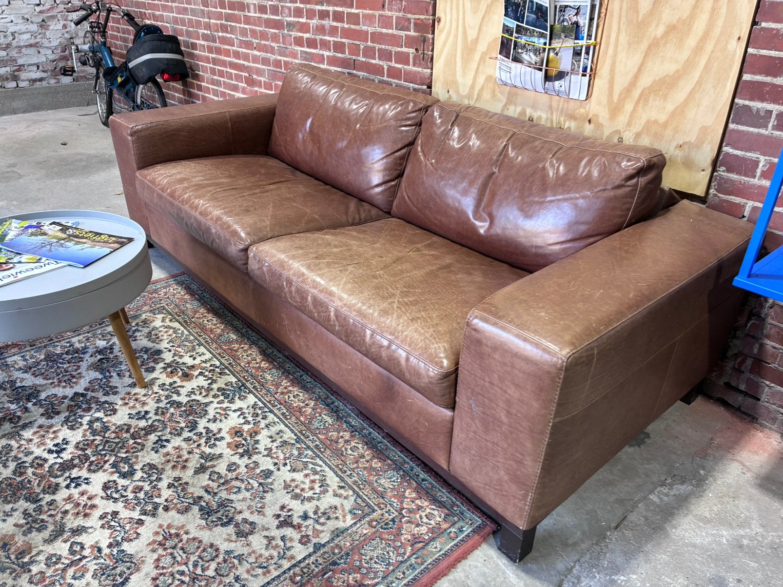 Cognac Leren Bruine Tweezits Bank, Ophalen, Gebruikt, 150 tot 200 cm, Tweepersoons