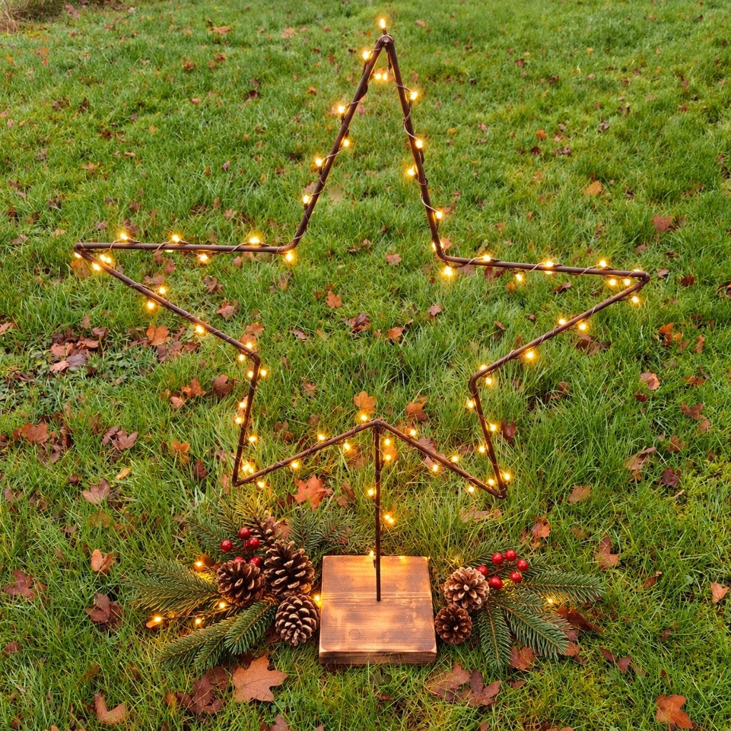 Handgemaakte ijzeren kersster + houten voet - Kerstdecoratie, Diversen, Nieuw, Ophalen of Verzenden