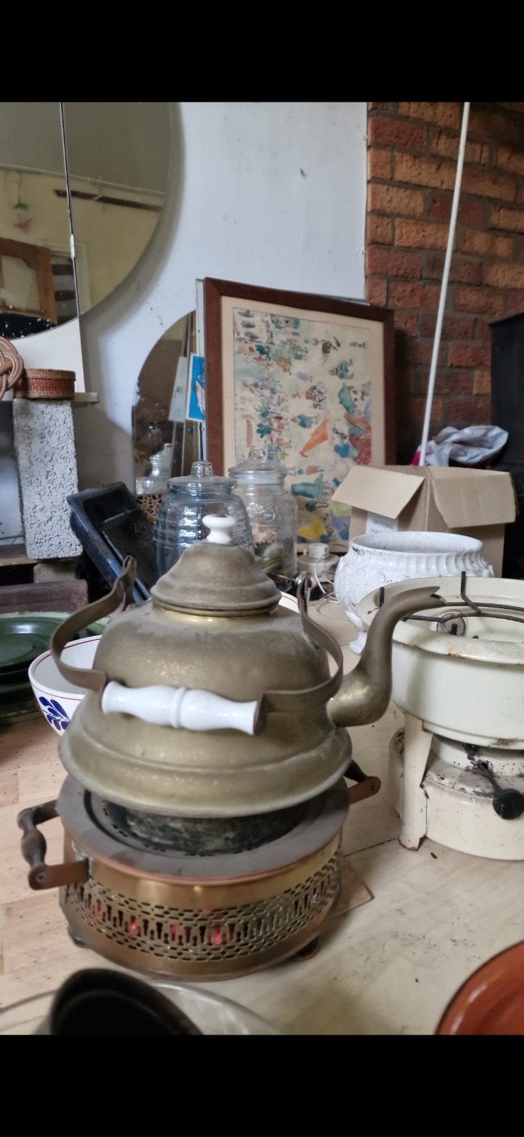 Antieke koperen theepot met rechaud, Antiek en Kunst, Ophalen