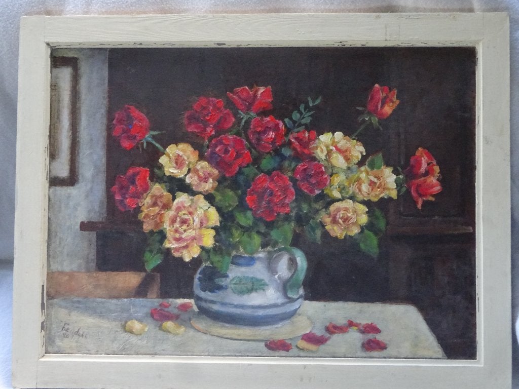 Olieverfschilderij, klassiek bloemstilleven., Bloemen, Paneel, Realistisch, Ophalen of Verzenden