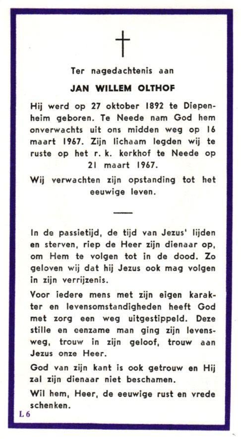 Olthof Jan Willem Diepenheim 1892-1967 Neede, Ophalen of Verzenden