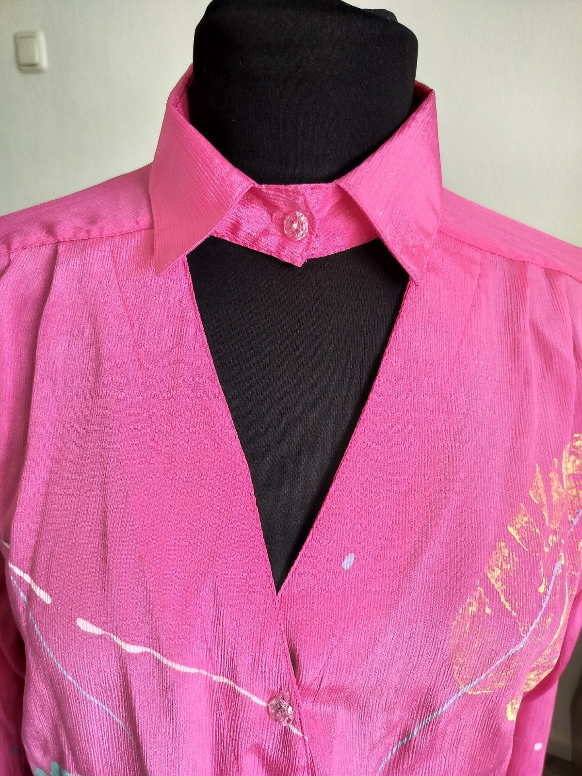 Vintage blouse met bladprint en verfspatten, Ophalen of Verzenden, Zo goed als nieuw