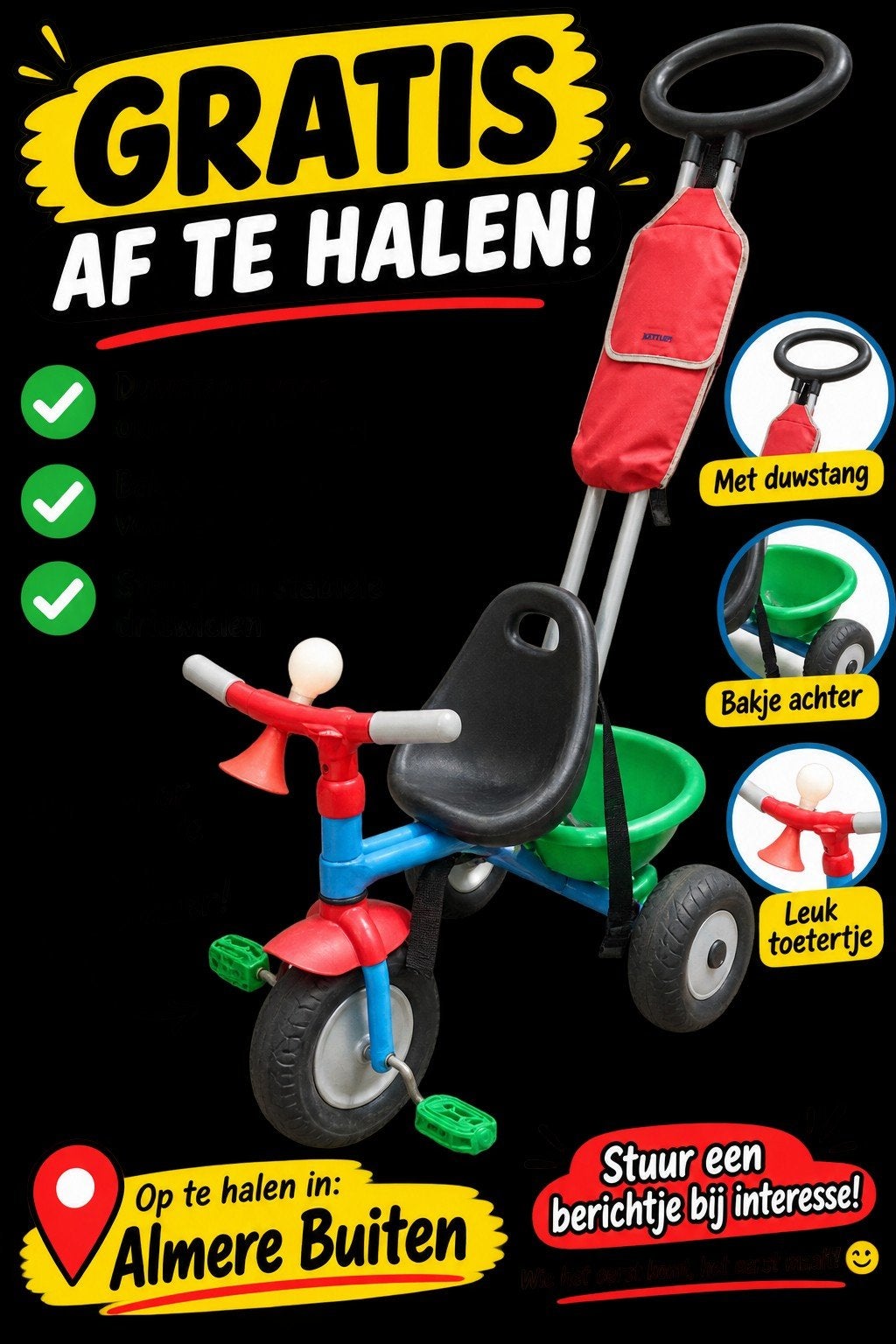 GRATIS AF TE HALEN: Driekleurige driewieler met duwstang, Ophalen, Gebruikt, Duwstang