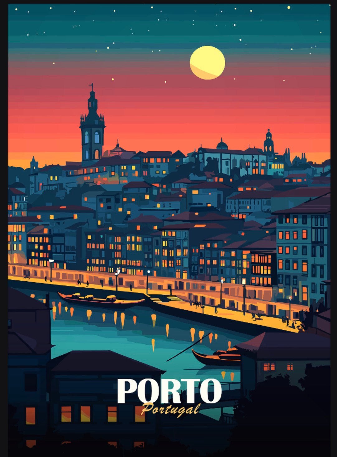 Displate Porto, Portugal at Night., Ophalen of Verzenden, Metaal, Print, Landschap