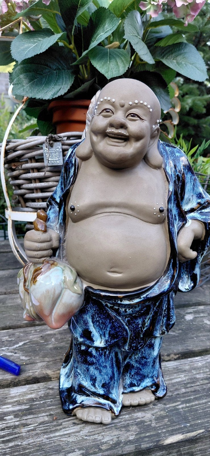 Mudman Pottery Chinese Bleu Flambé Glazed Happy Boeddha, Ophalen of Verzenden, 20 - 50 cm, Steen of Keramiek, Beeld