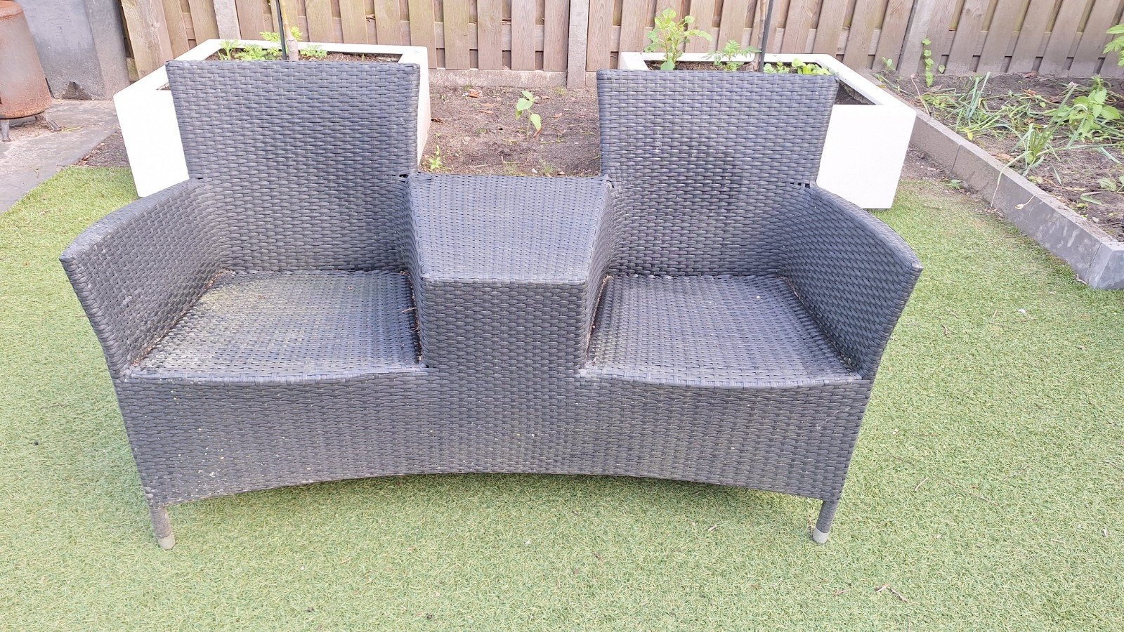 Wicker tuinbank met tafeltje - 2 zitplaatsen, Gebruikt, Bank, Wicker, Tuinset