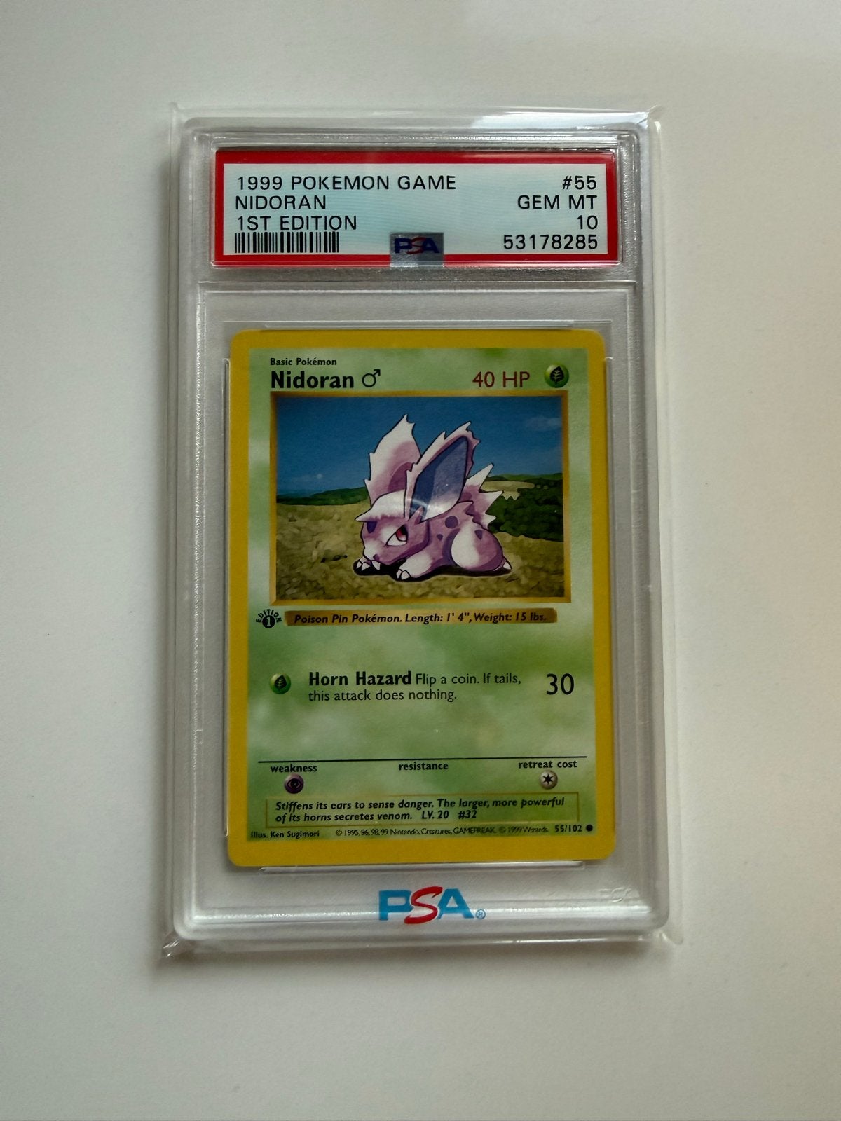 Nidoran Base Set 1999 1st Edition PSA 10 Gem Mint Pokémon#55, Ophalen of Verzenden, Nieuw, Losse kaart