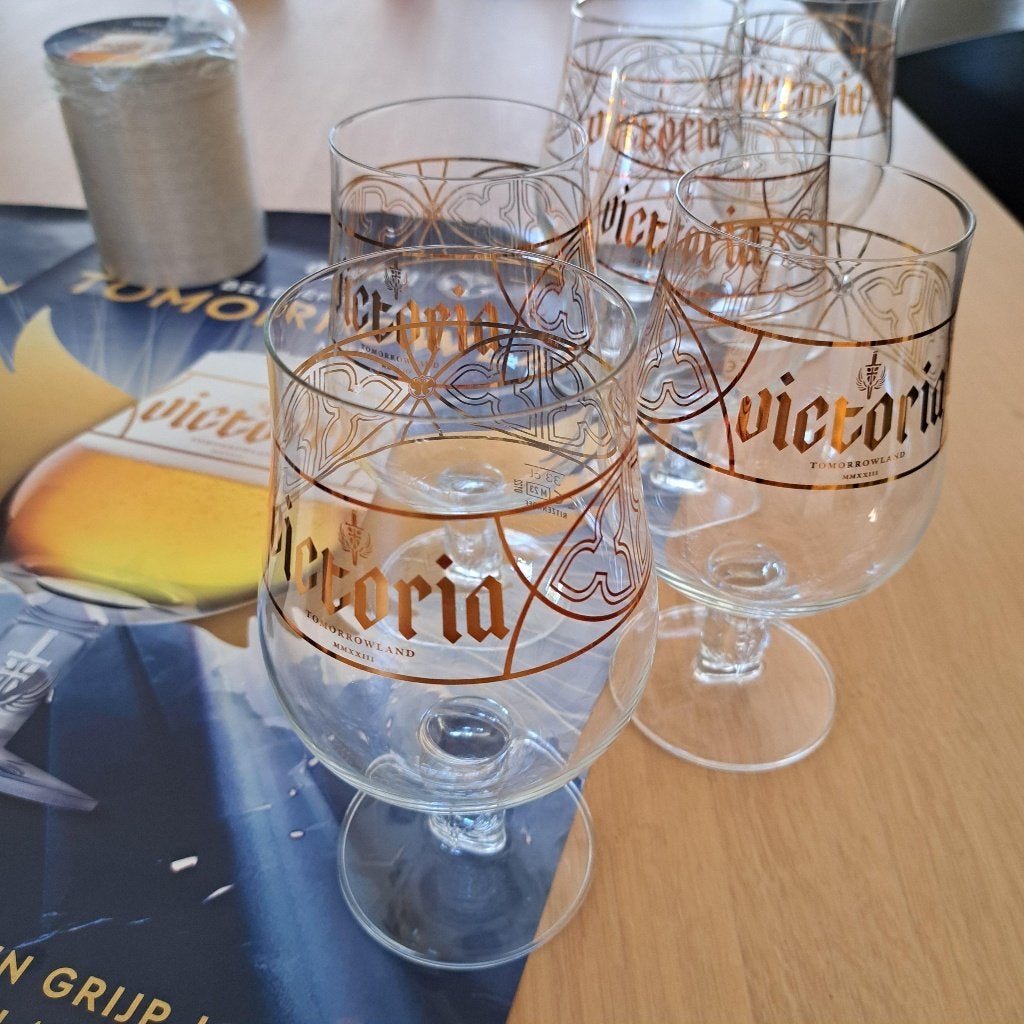 Zes bierglazen van Tomorrowland Victoria met bierviltjes..., Verzenden, Zo goed als nieuw, Bierglas