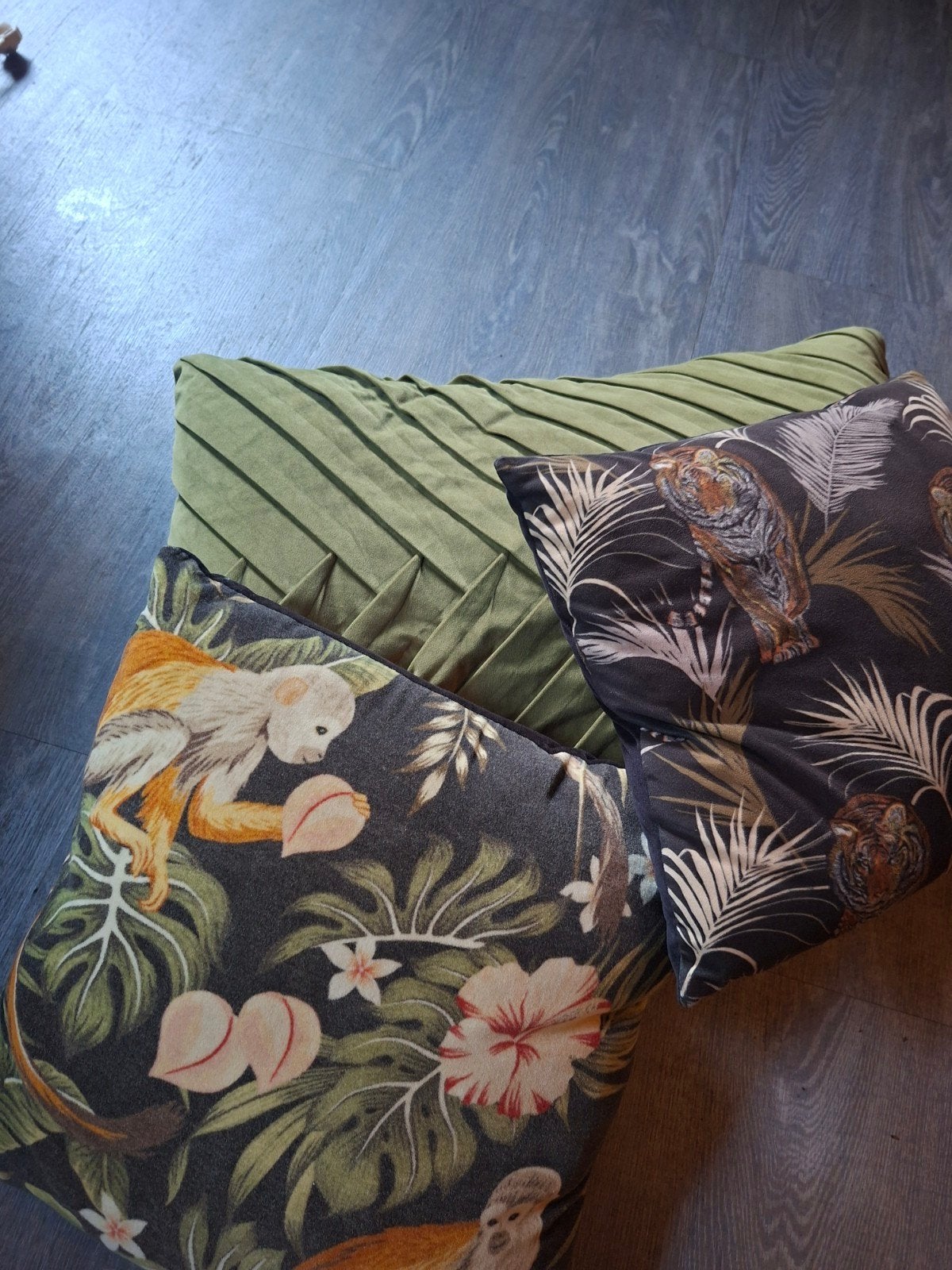 Set van 3 sierkussens met jungleprint en effen groen, Ophalen, Gebruikt, Meerkleurig, Met print