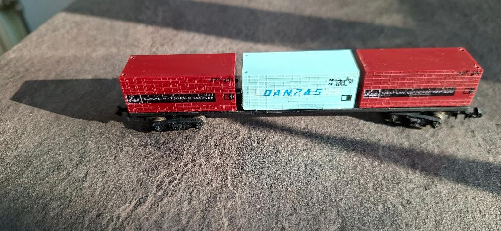 Lima 320485 containerwagen met 3 losse containers N 1:160., Hobby en Vrije tijd, Modeltreinen | N-Spoor, Gebruikt, Gelijkstroom