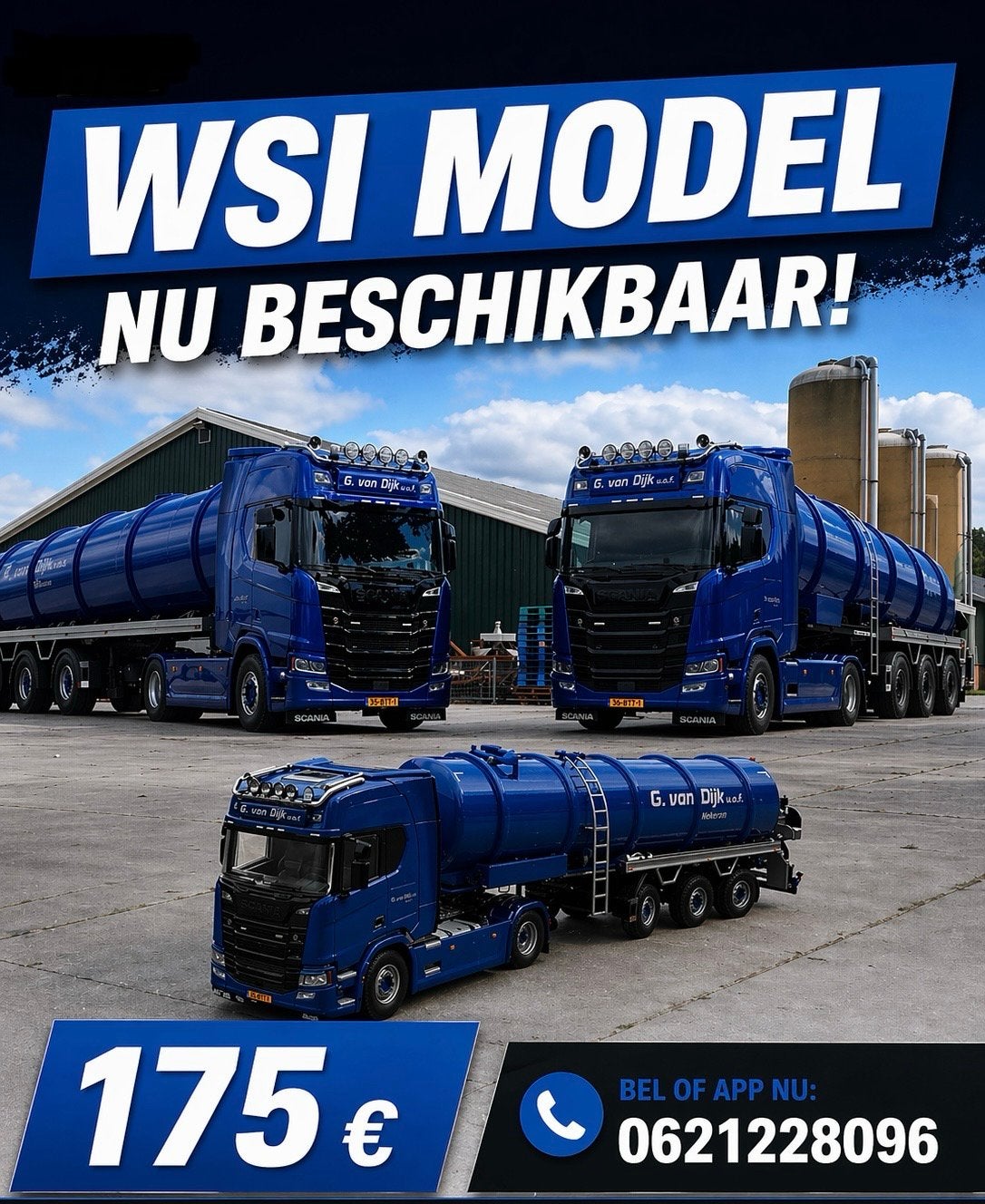 Scania met mesttank wsi loonbedrijf van dijk wekerom, Overige merken, 1:50 of kleiner, Nieuw, Ophalen of Verzenden