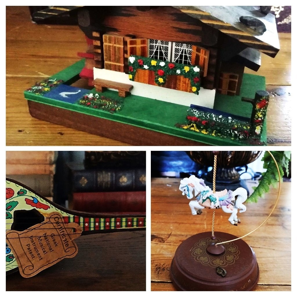 Vintage muziekdoosje chalet - enesco paardje - bouzouki, Antiek en Kunst, Ophalen of Verzenden