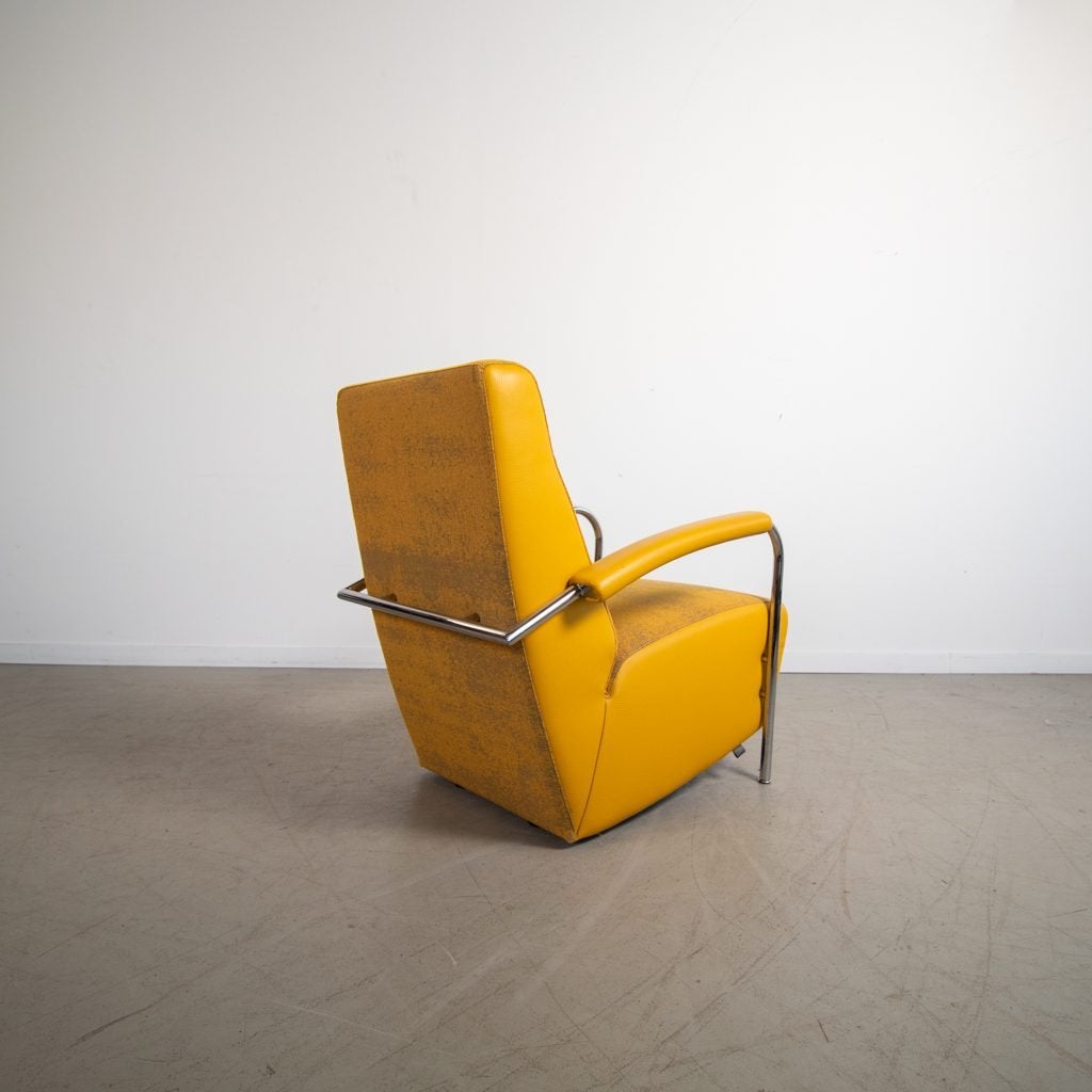 Leolux Scylla Hoog Fauteuil Geel Leer/Stof + Hocker, Leolux, Zo goed als nieuw, Niet ingevuld, Niet ingevuld
