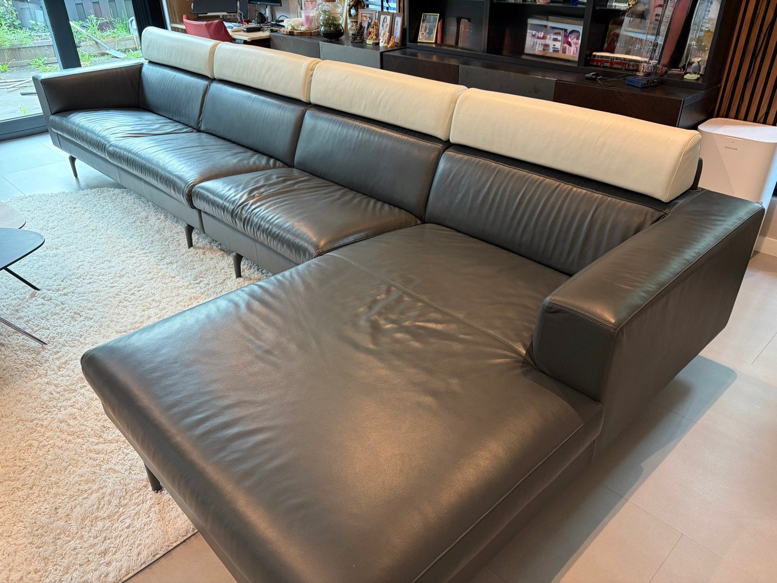 Leolux Horatio Leren Bankstel - Donkergrijs/Crème, Ophalen, Gebruikt, 100 tot 125 cm, Hoekbank
