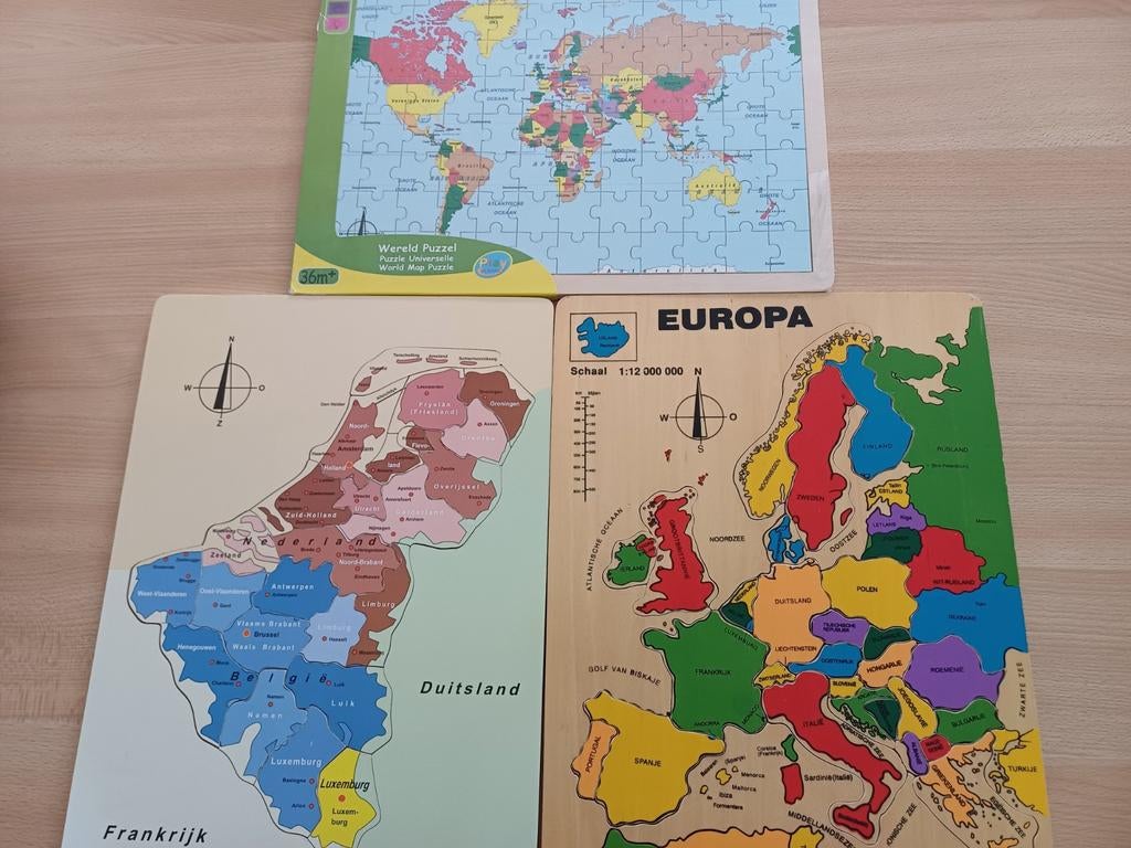 3 houten landenpuzzels: Benelux, Europa, wereld, Ophalen, 10 tot 50 stukjes, Nieuw