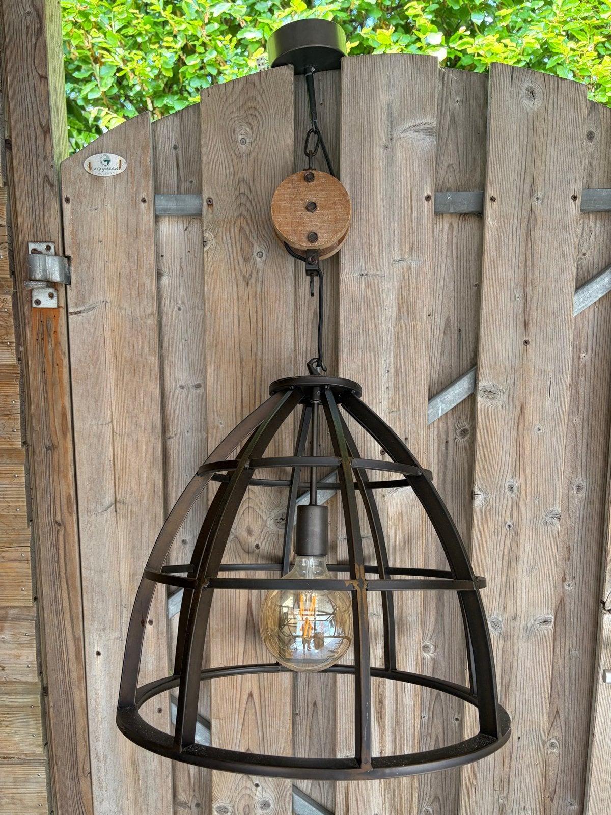 Brilliant hanglamp industrieel met katrol en E27 fitting, Ophalen, Zo goed als nieuw, Hout, E27 (groot)