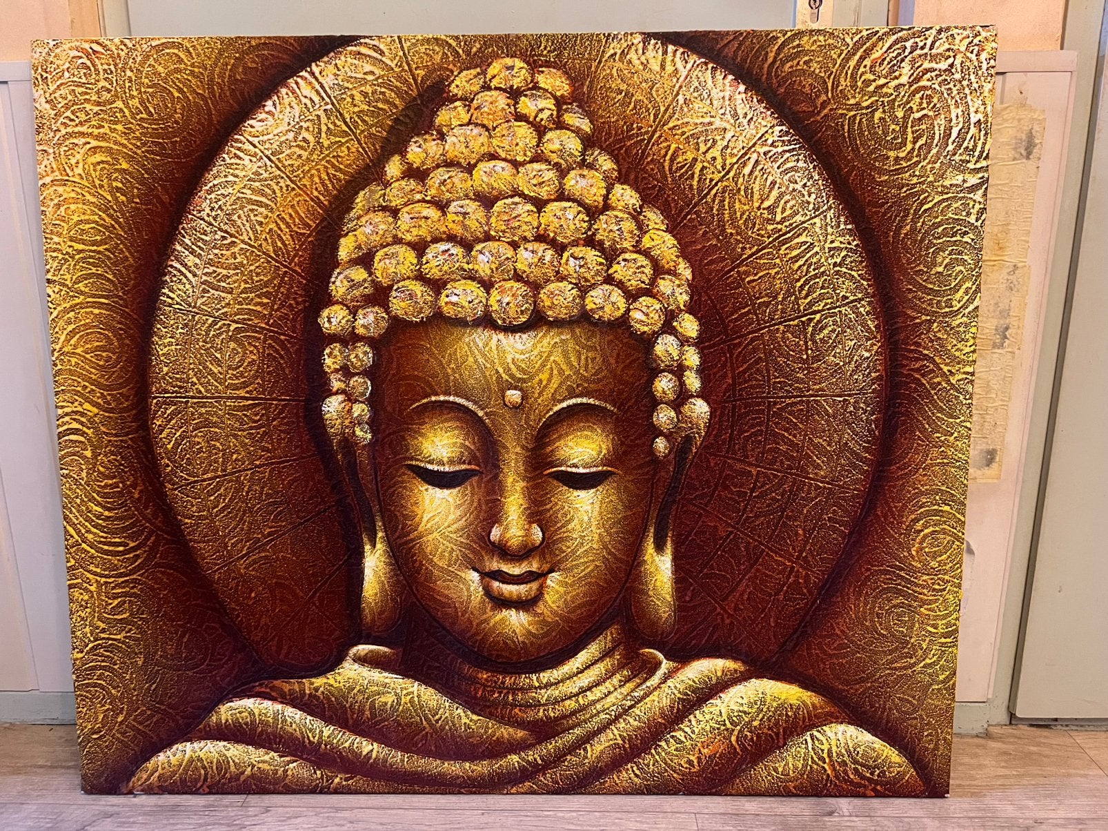 Boeddha Muurdecoratie Canvas Schilderij Houten Frame., Ophalen, Geel, Zo goed als nieuw, 100 cm