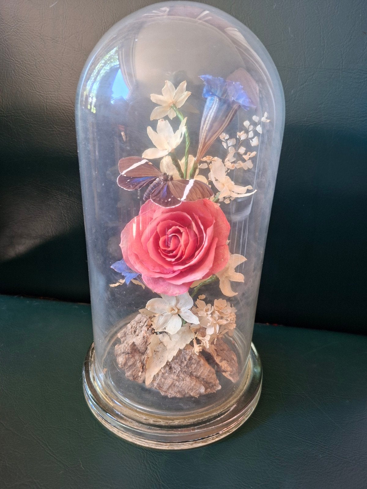 Vintage glazen stolp vlinder bloemen, Ophalen of Verzenden