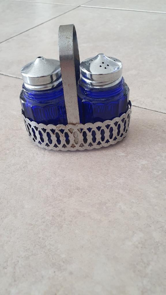 Vintage peper en zoutstel blauw glas, Ophalen of Verzenden