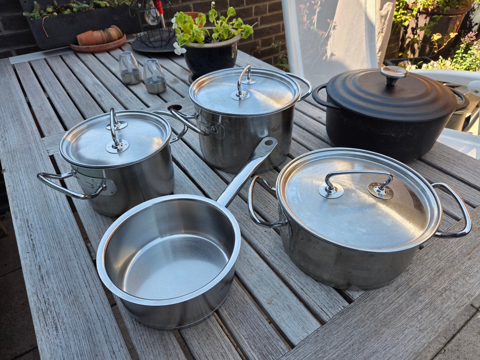 fissler pannenset met koudgrepen., Ophalen, Rvs, Pannenset, Fissler