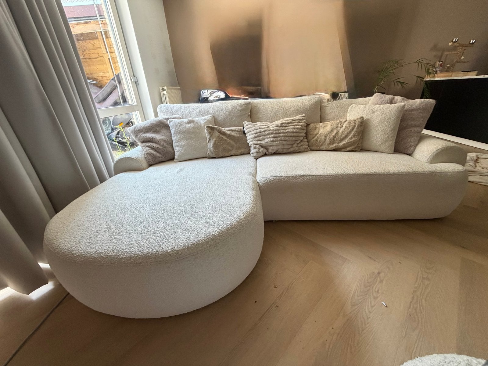 Witte teddystof hoekbank met chaise longue, Ophalen, 250 tot 300 cm, Minder dan 75 cm, Hoekbank
