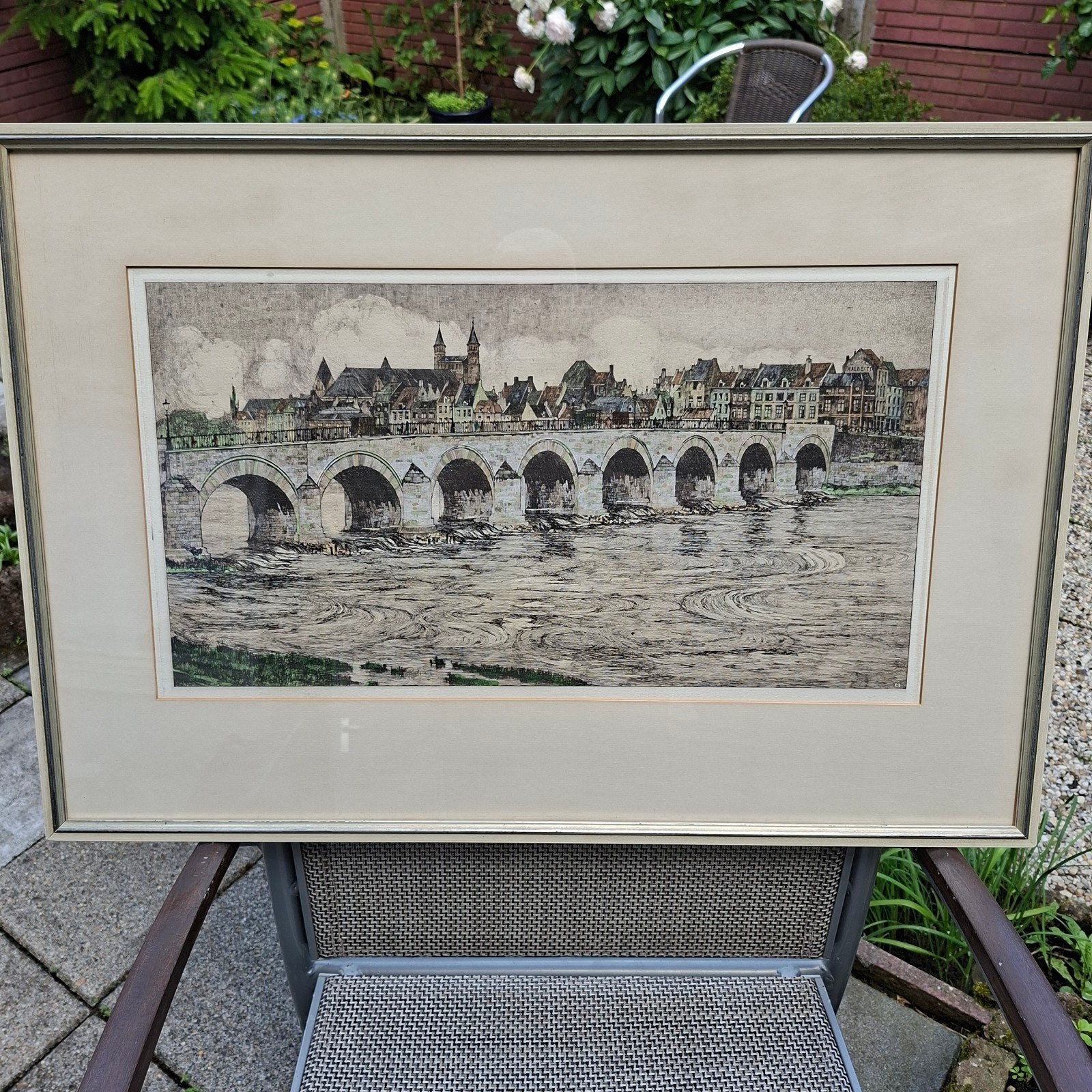 Oude Maasbrug Maastricht - van Han Jelinger, Ophalen, Ets, Stadsgezicht, Ingelijst