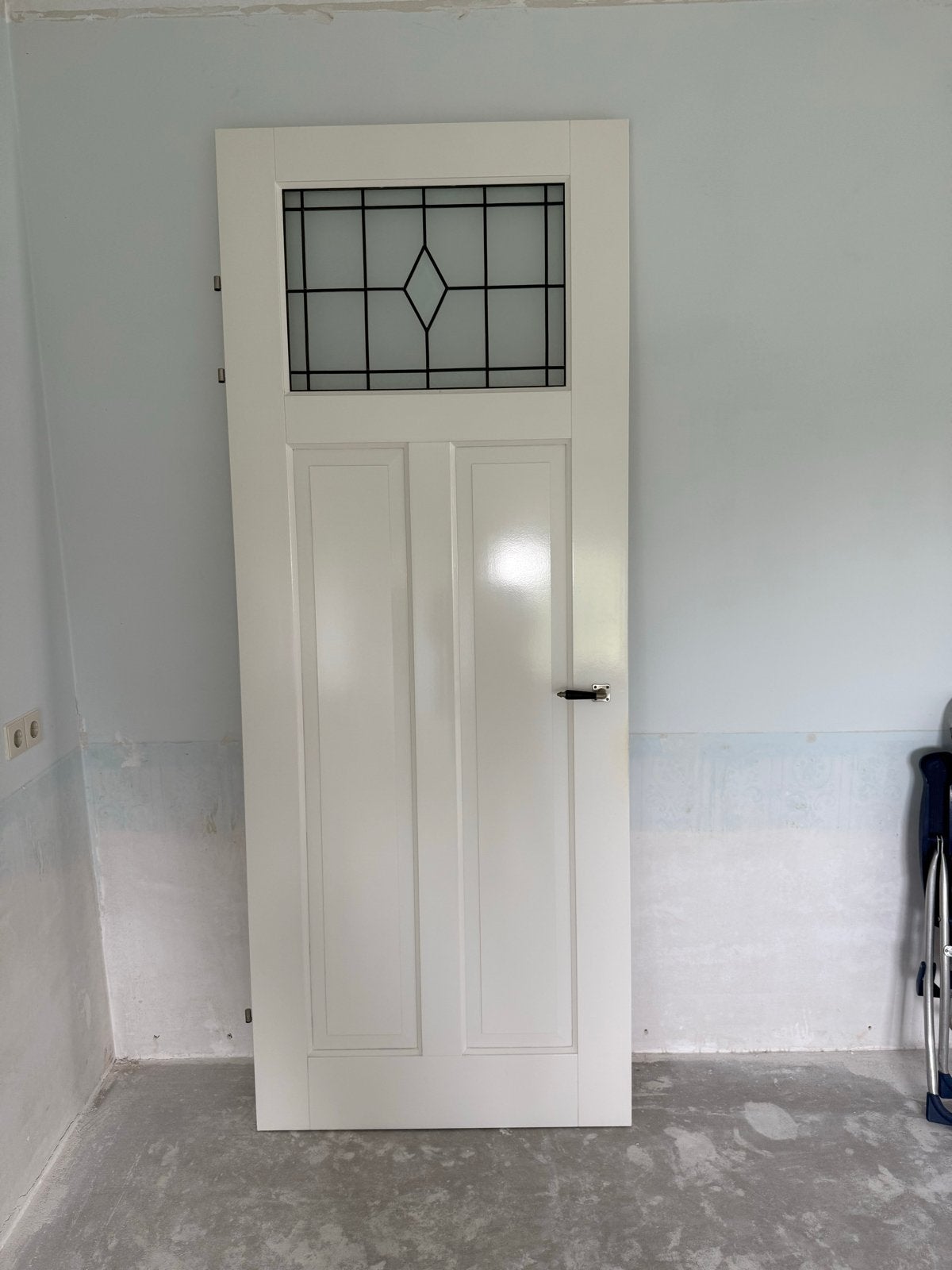 Binnendeur opdek met glas-in-lood, 231x88 cm, Doe-het-zelf en Verbouw, Ophalen, Gebruikt, 80 tot 100 cm, 215 cm of meer