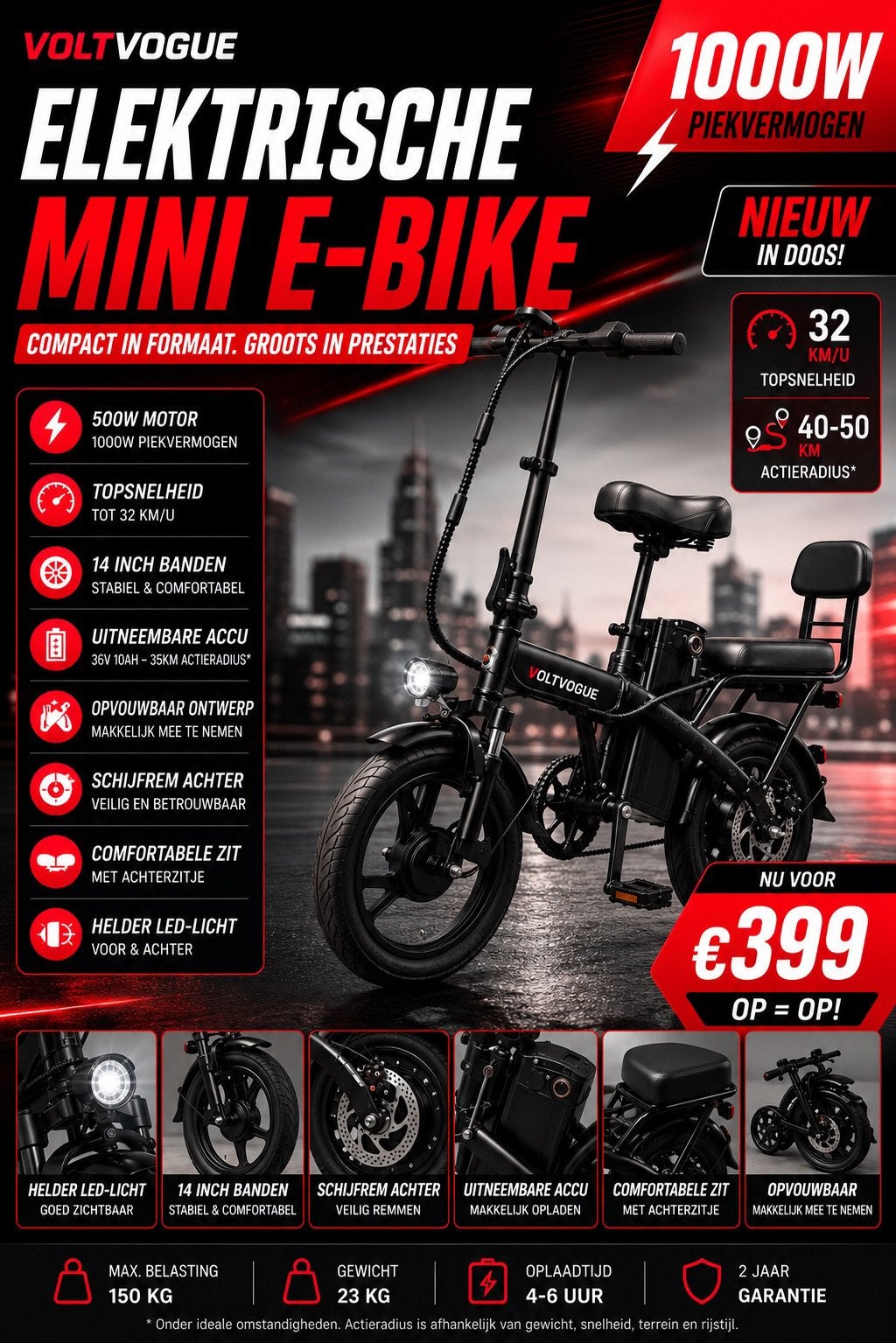 Krachtige Elektrische E-bike 1000W Piek – Nieuw in Doos, 14 tot 16 inch, Nieuw, Ophalen of Verzenden, Deels opvouwbaar