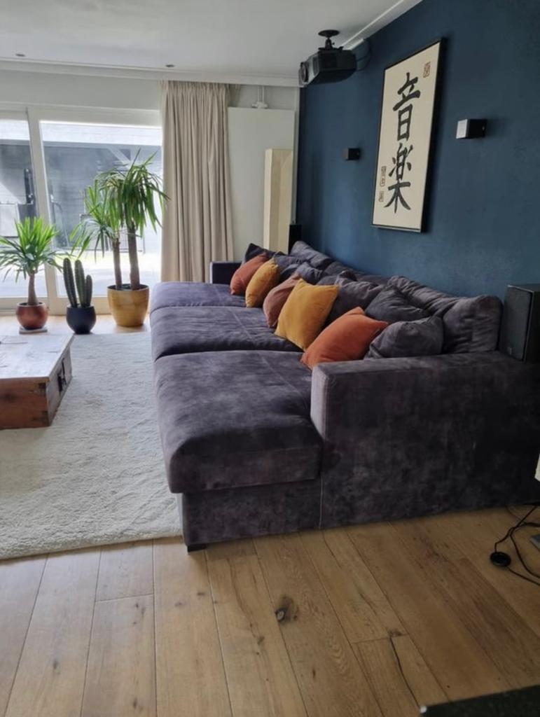 Grote comfortabele hoekbank, donkergrijs, 100 tot 125 cm, 300 cm of meer, Ophalen of Verzenden, Zo goed als nieuw