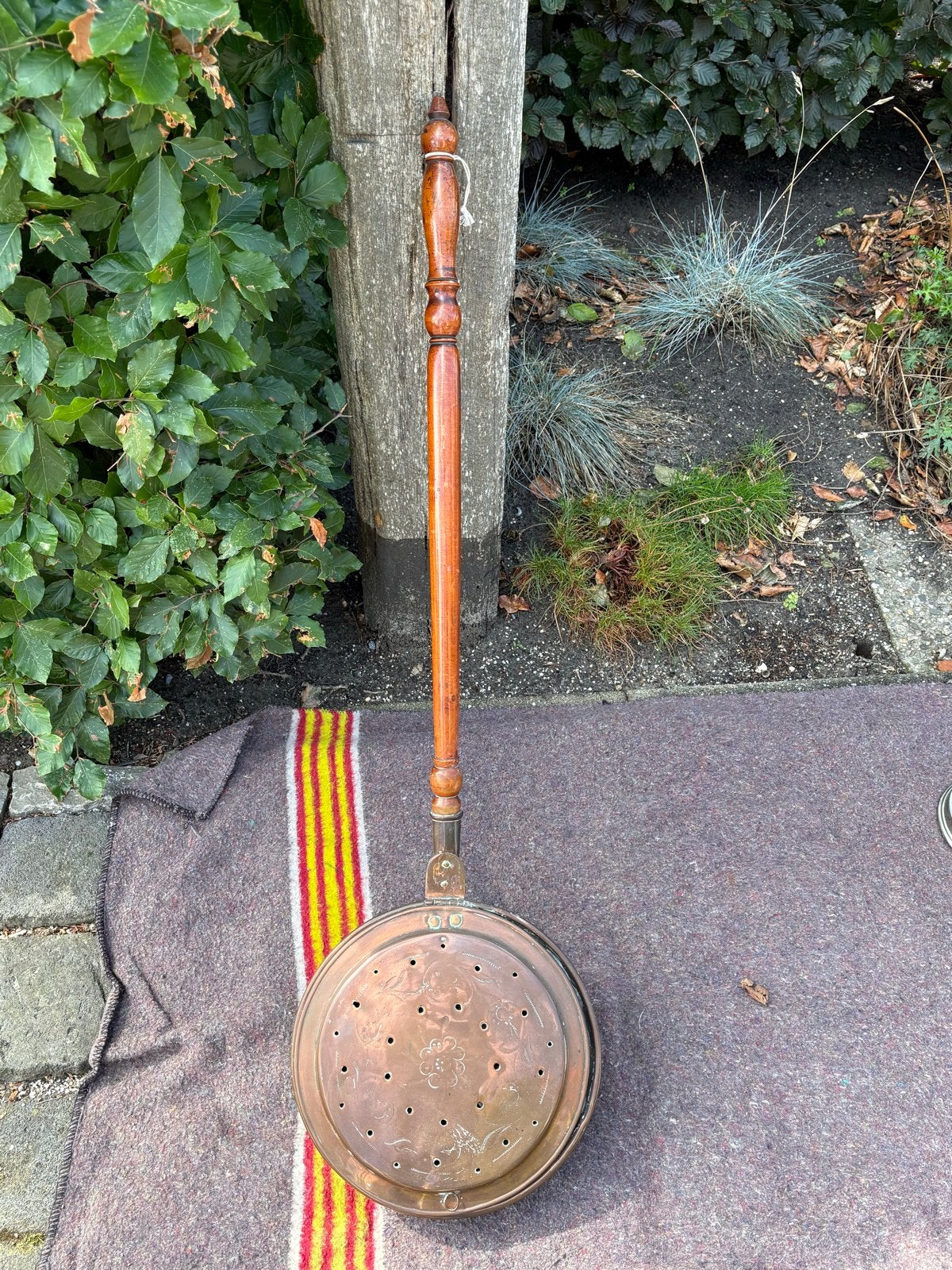 Antieke Koperen Beddenpan met Houten Handvat, Ophalen, Koper