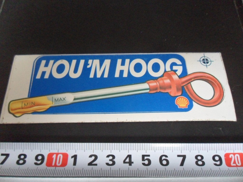 sticker auto shell olie peilstok - hou 'm hoog *, Ophalen of Verzenden, Zo goed als nieuw