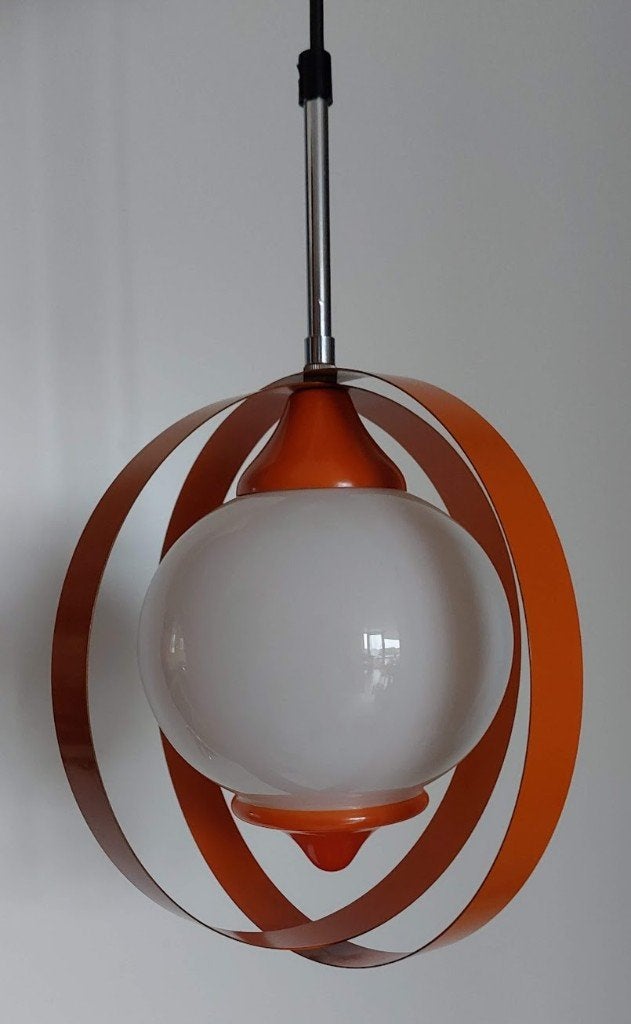 Vintage Oranje Hanglamp Jaren 70 Design Space Age, Gebruikt, Hanglamp, Jaren 70, Ophalen of Verzenden