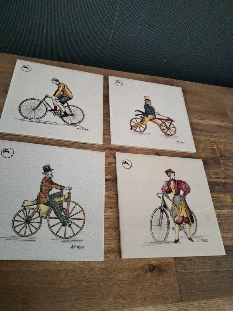 Vintage Gazelle wandtegels - Fietsgeschiedenis (set van 4), Antiek en Kunst, Antiek | Wandborden en Tegels, Ophalen of Verzenden