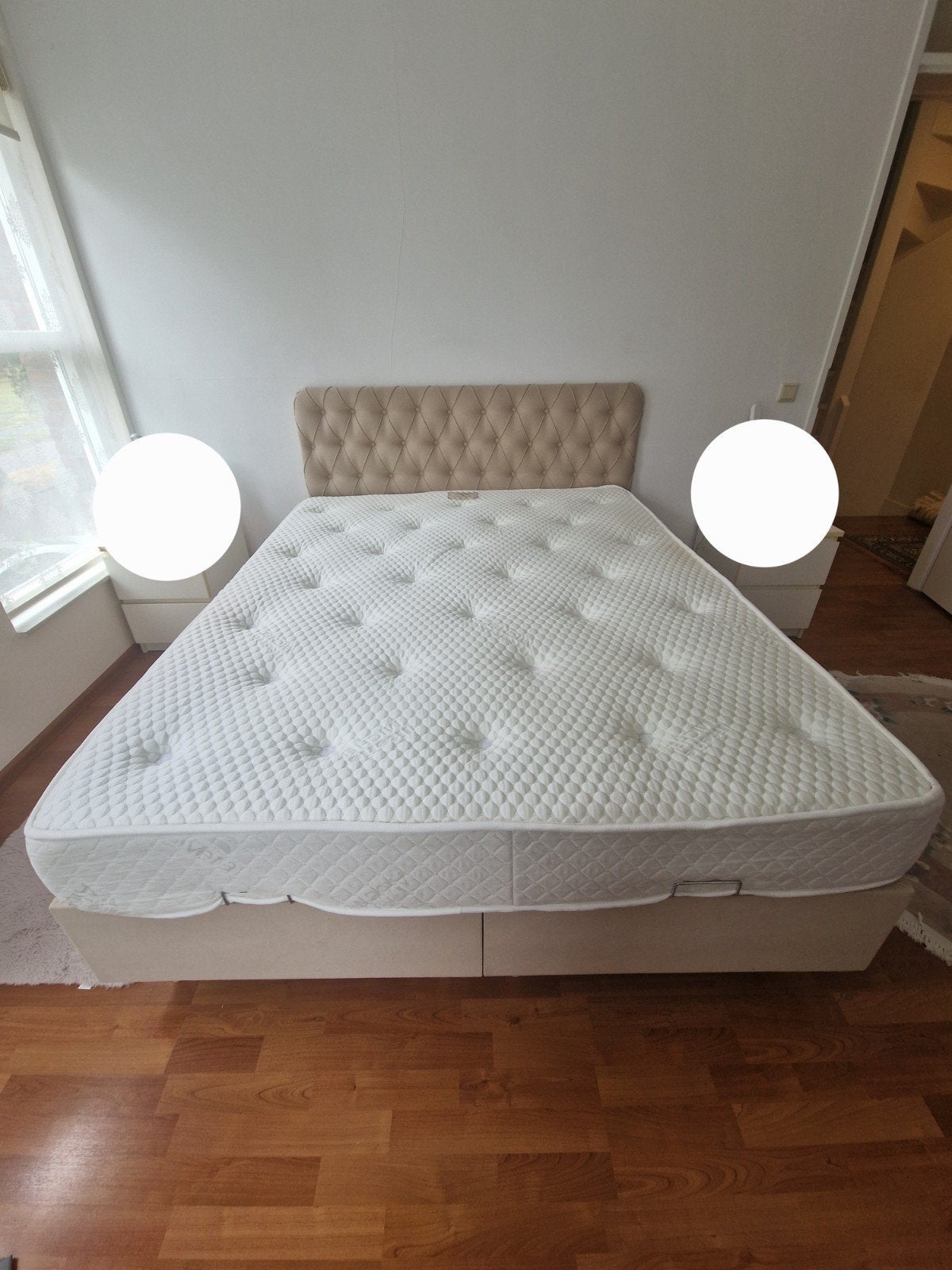 Tweepersoonsbed met opbergruimte en matras, Ophalen, Beige, Tweepersoons, Zo goed als nieuw