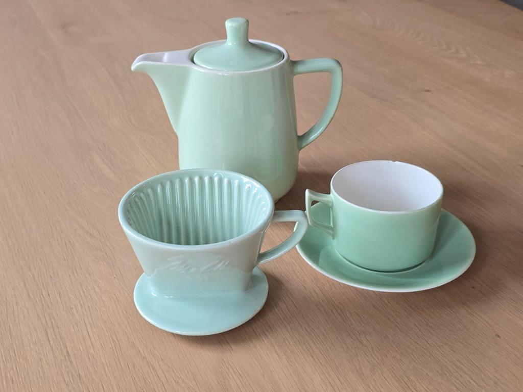 Antieke Melitta Mintgroene koffiefilter 101 & Koffiepot +..., Ophalen of Verzenden