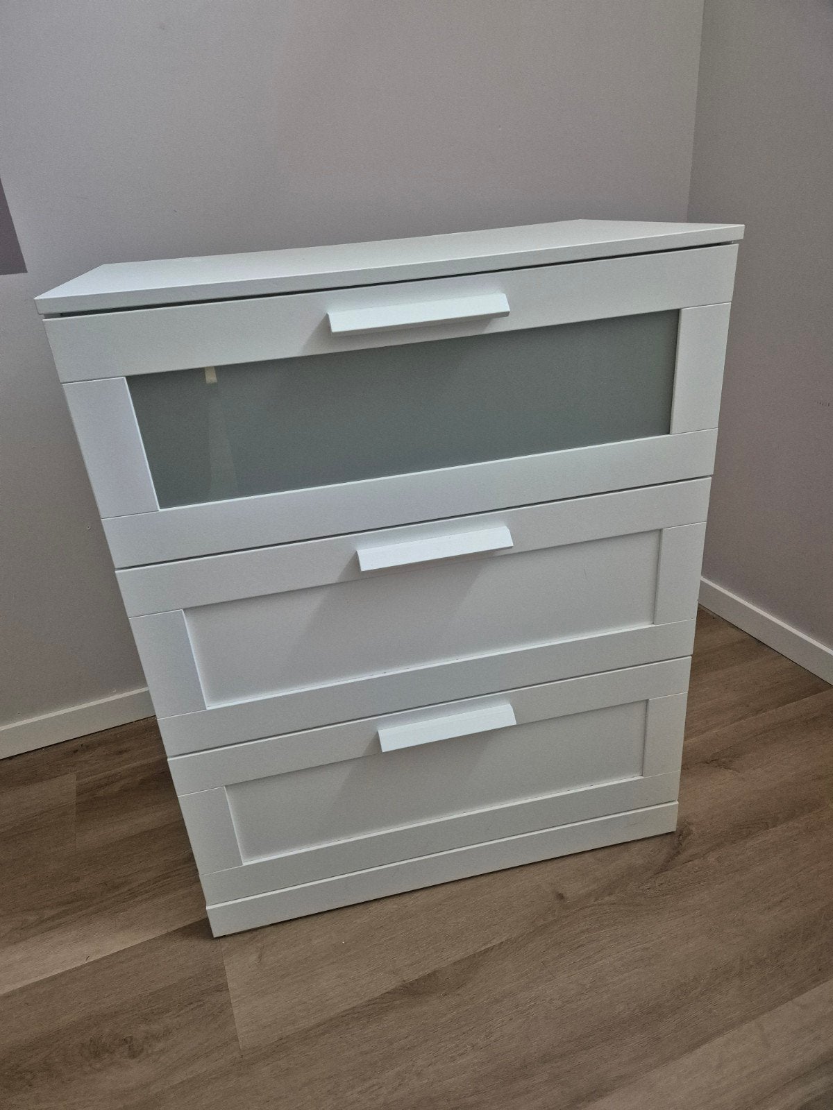 IKEA BRIMNES Ladekast met 3 laden, wit/frosted glas, Ophalen, Gebruikt, Modern, Scandinavisch, 50 tot 100 cm