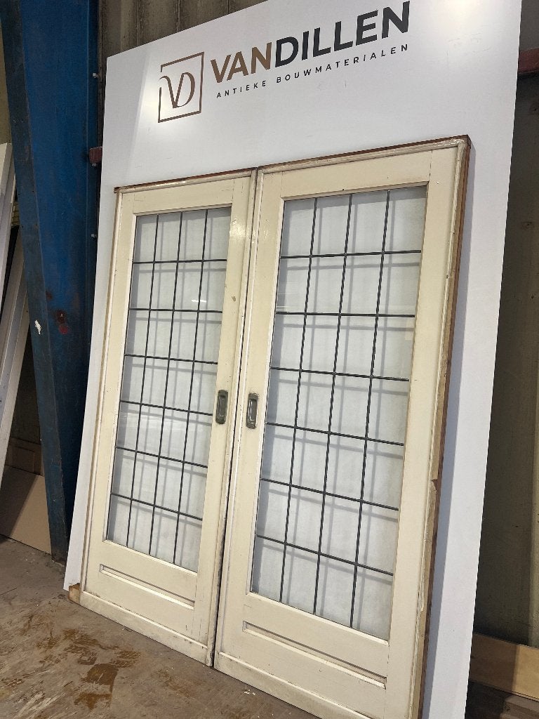 Oude ensuite schuifdeuren blank geblokt glas in lood, Gebruikt, 120 cm of meer, Binnendeur, Ophalen of Verzenden