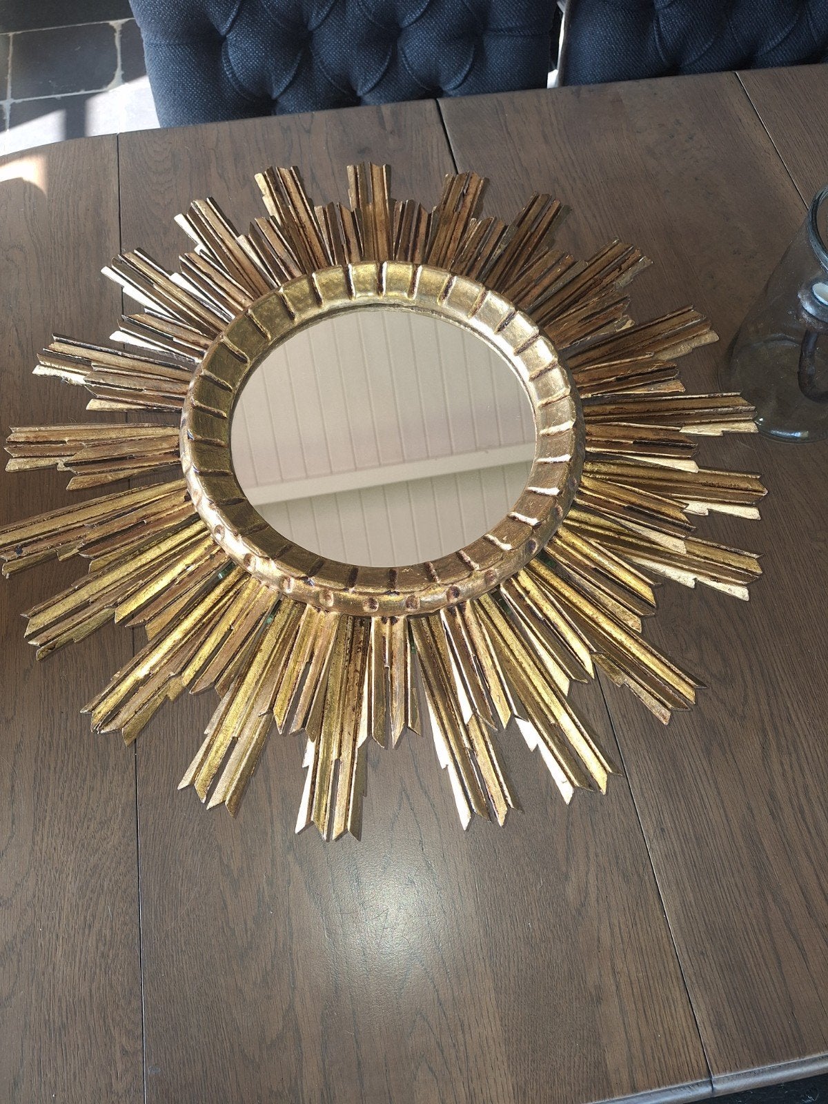 Vintage Sunburst spiegel - Gouden Zonnespiegel - Jaren '50, Gebruikt, Ophalen of Verzenden, Minder dan 100 cm, Rechthoekig