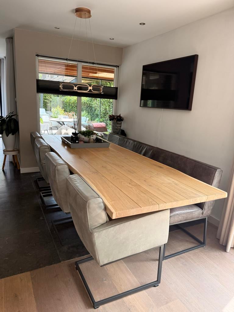 Grote eettafelset: 300cm tafel, 4 Het Anker stoelen & bank, Ophalen, Zo goed als nieuw, 8 stoelen of meer