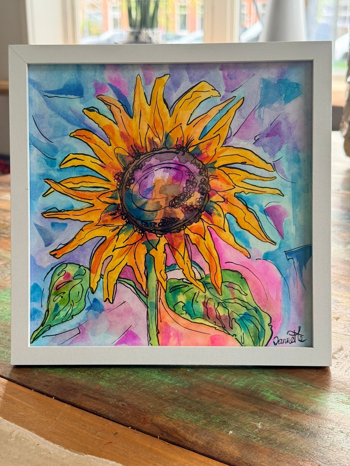 Kleurrijke zonnebloem aquarel in lijst, Antiek en Kunst, Verzenden