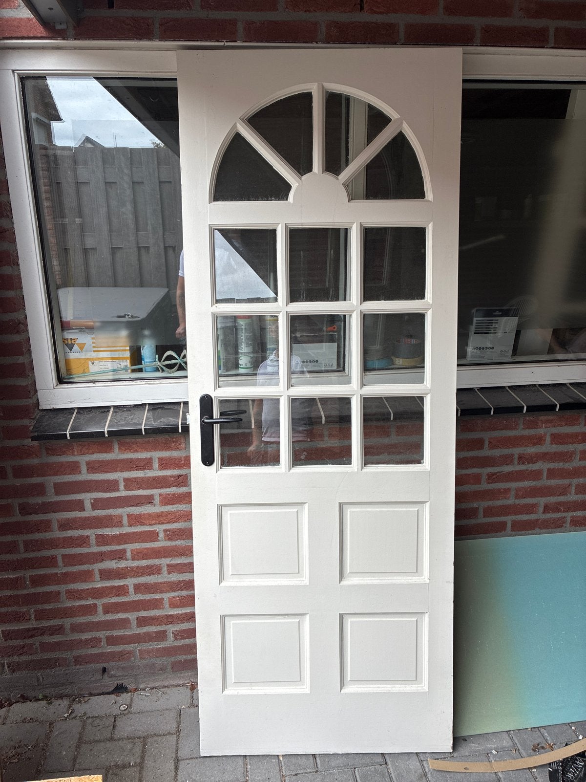 Witte houten buitendeur met glas en boog, Gebruikt, 80 tot 100 cm, Ophalen of Verzenden, Buitendeur